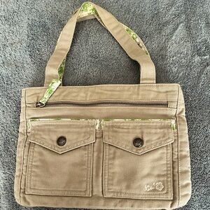 Lilu Tan Fabric Tote Bag with Lime Green Accents